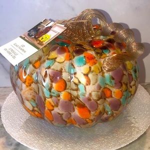 Fall Speckled Glass Pumpkin LED Light up  Changing colors NEW
